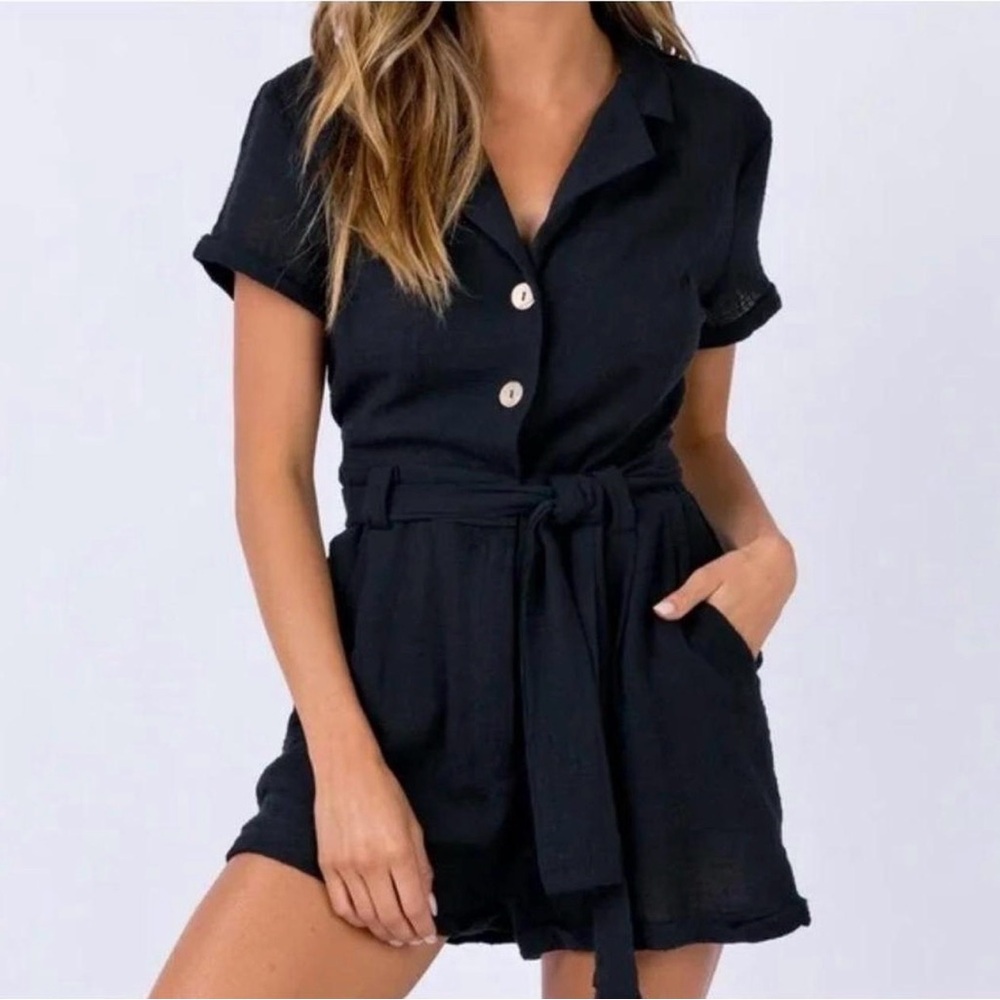 Princess Polly Ashen Black Cotton Button Up Romper